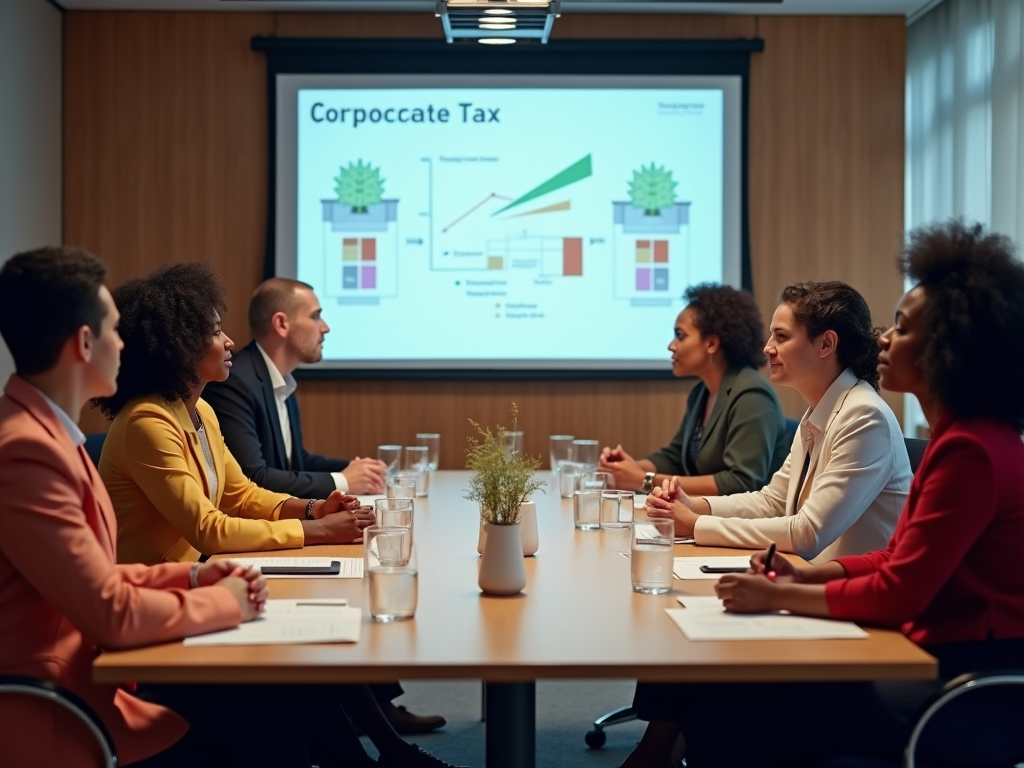 Diverse business professionals in a meeting discussing a presentation on corporate tax.