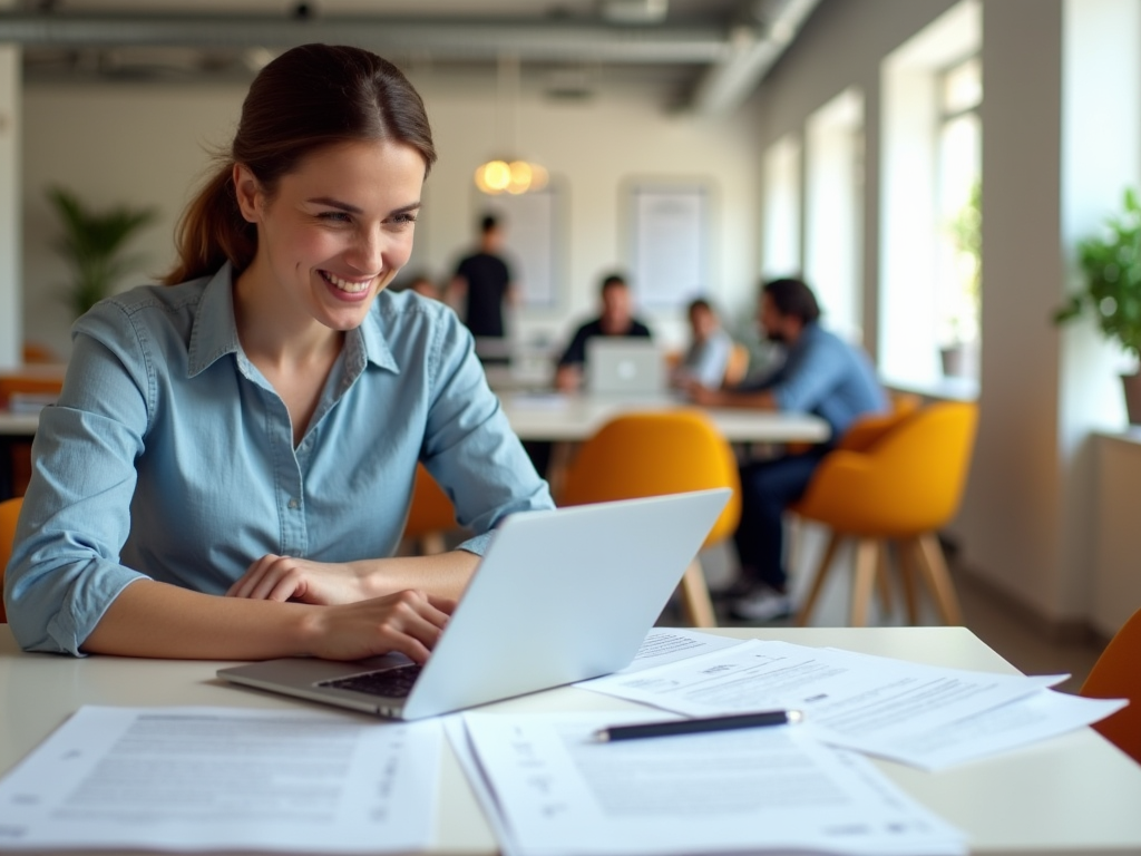 Smiling woman working on laptop in a lively office environment.