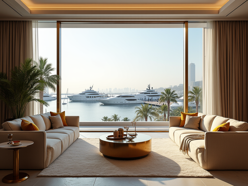 A modern living room with a waterfront view, featuring yachts and palm trees outside large windows.