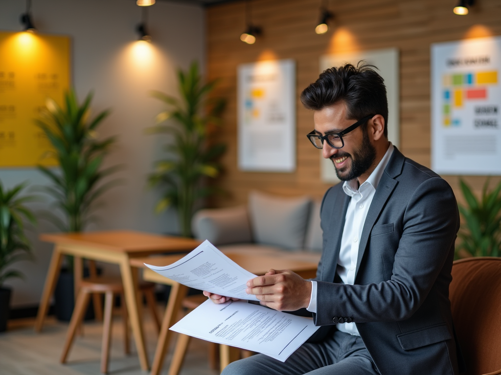 Smiling man in glasses reviewing documents in a modern office with colorful displays.