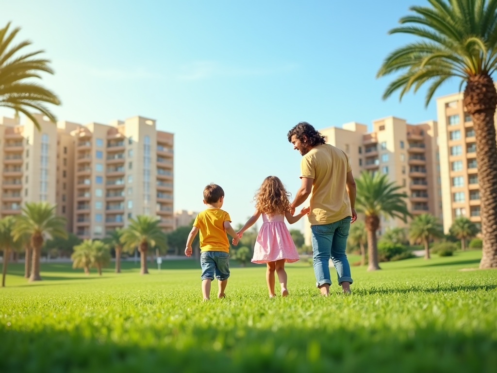 Family walking hand-in-hand in a park, with city buildings and palm trees in the background.