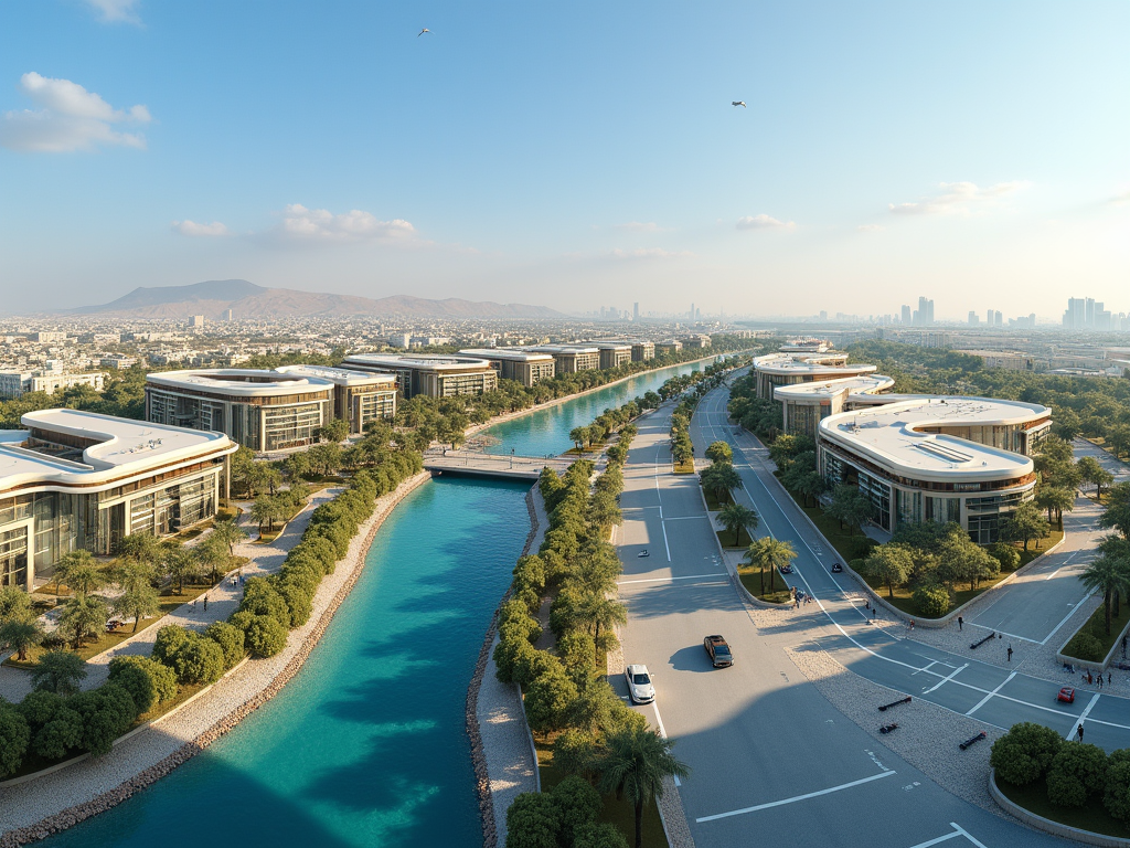 Aerial view of a modern cityscape with curved buildings along a turquoise canal, lined with trees and roads.