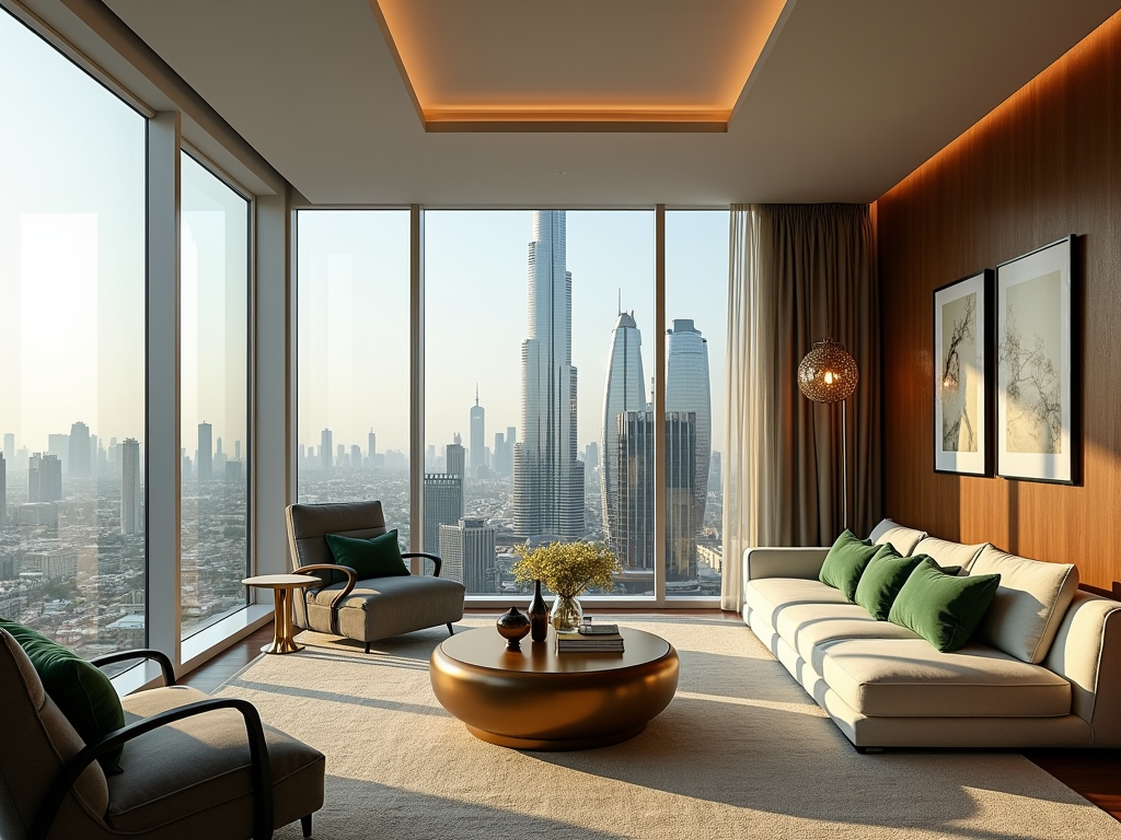 A stylish urban living room with a view of skyscrapers and the city skyline at sunset, featuring modern furniture.