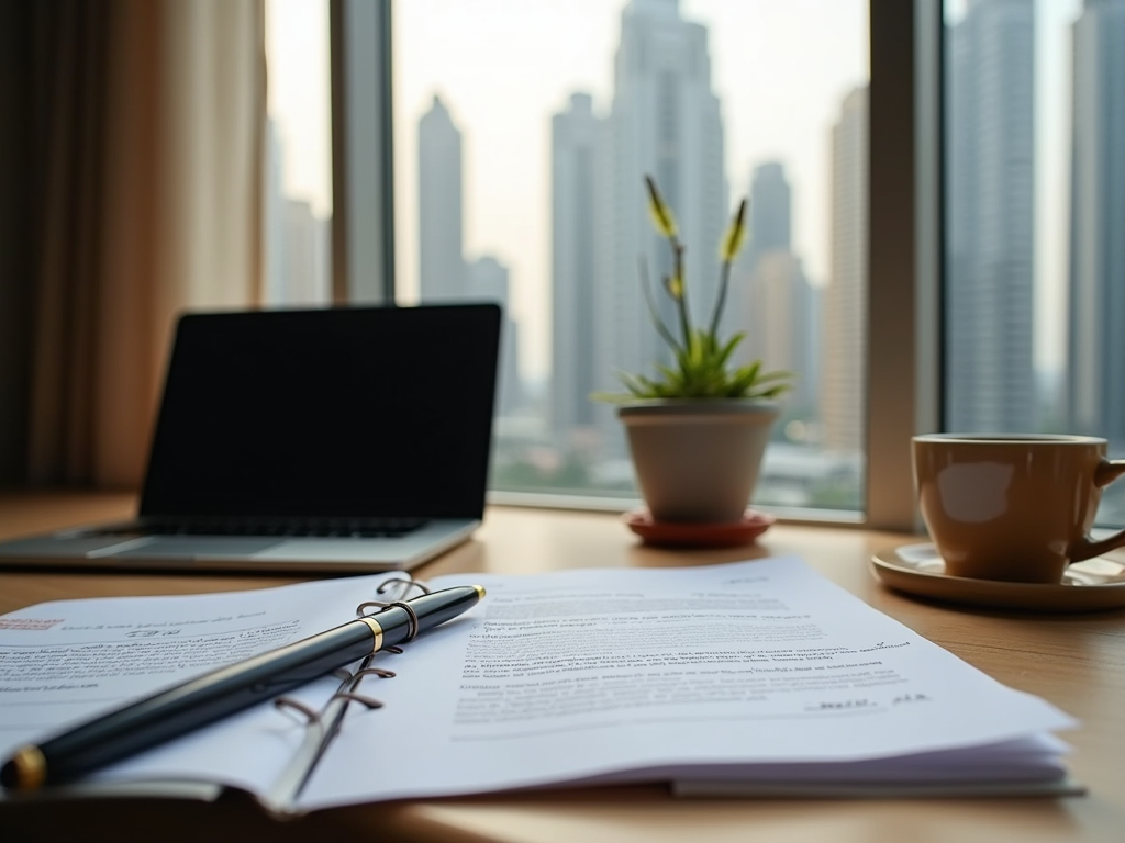 A workspace with a pen, documents, a laptop, a plant, and a coffee cup, overlooking a city skyline.