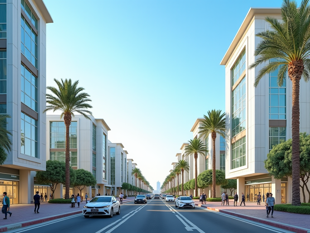 Modern urban street lined with palm trees, pedestrians, and contemporary architecture under a clear sky.