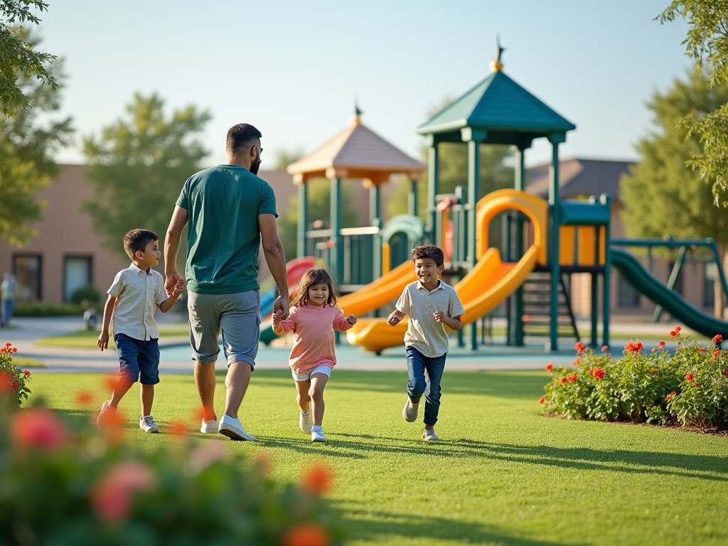 A man walks with three children, running towards a playground with slides and swings in a sunny park.