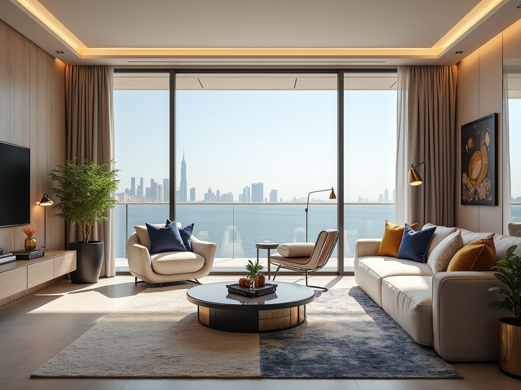 Luxurious living room with modern decor overlooking a city skyline through large windows.