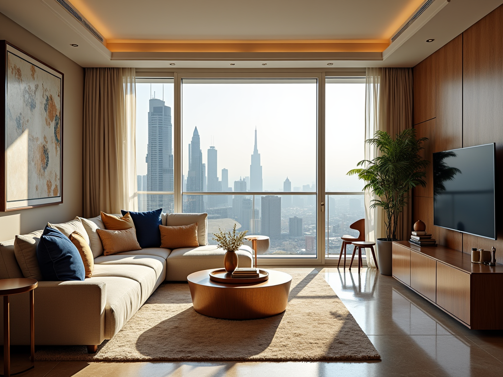 A modern living room with large windows showing a city skyline, featuring a sofa, coffee table, and plants.