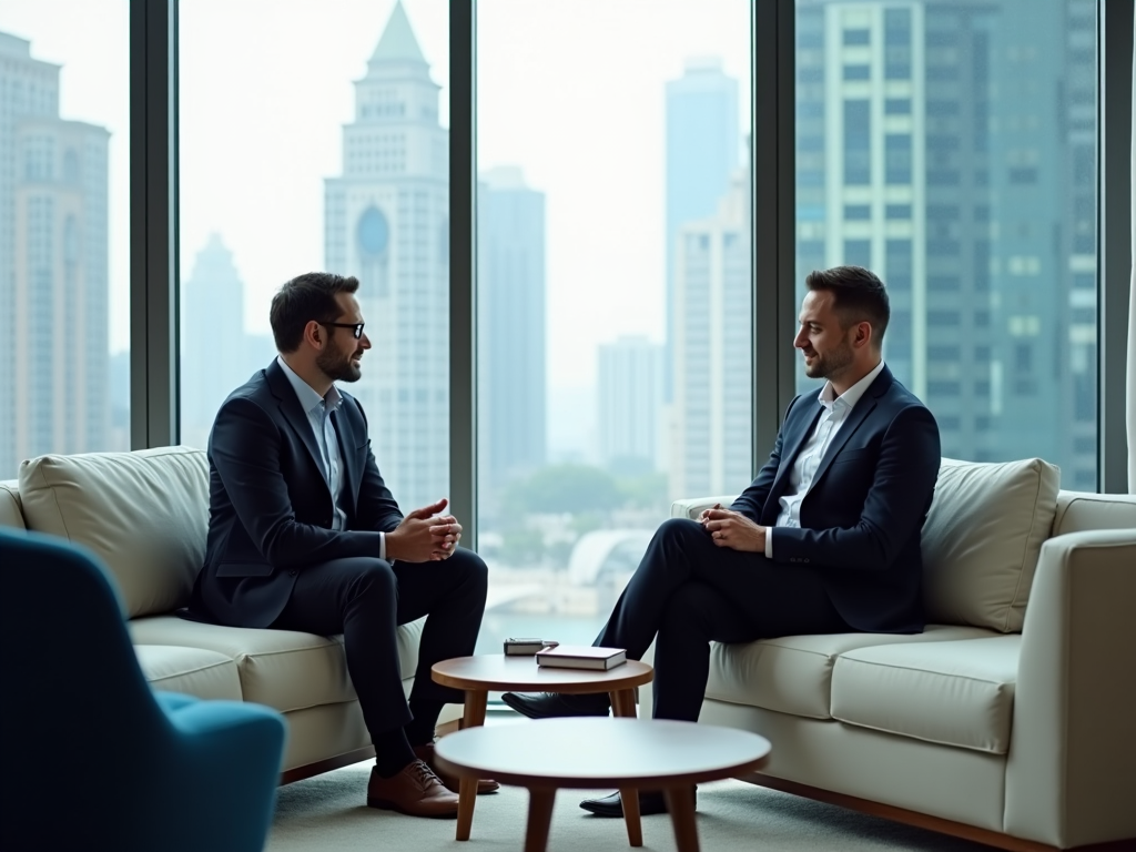 Two men in suits having a conversation in a high-rise office lounge with cityscape background.