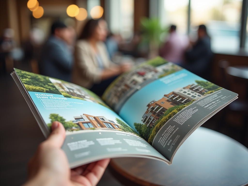 Person reading a real estate magazine in a busy cafe, with details of properties clearly visible.