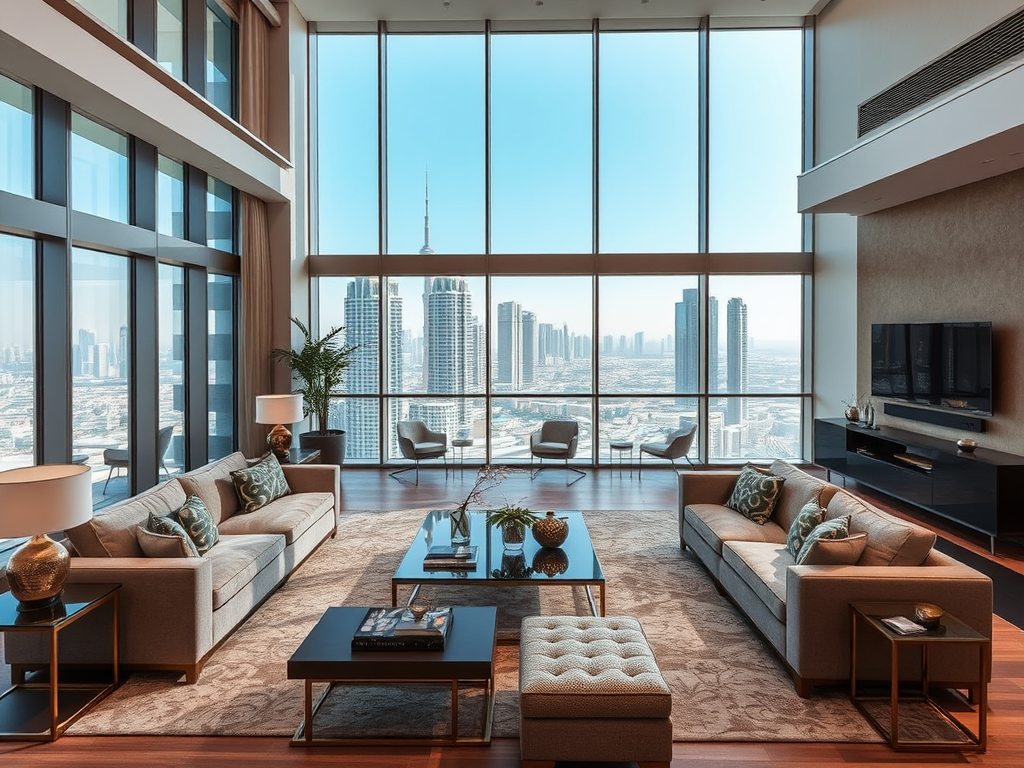 A modern living room with two sofas, coffee tables, and large windows showing a city skyline. Bright and spacious interior.