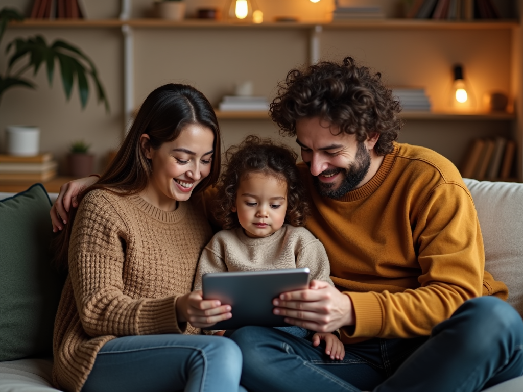 A happy family of three sits on a couch, smiling at a tablet together in a cozy living room.