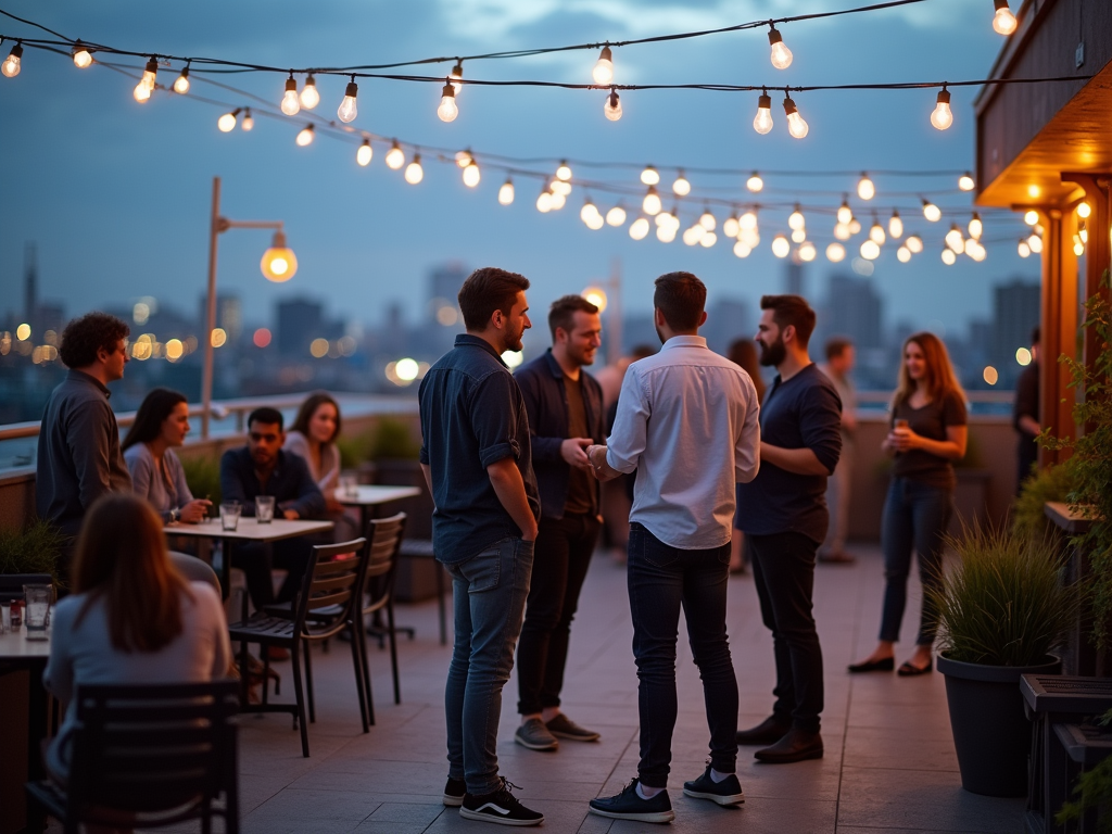 A night scene on a rooftop bar with friends socializing under string lights against a city skyline backdrop.