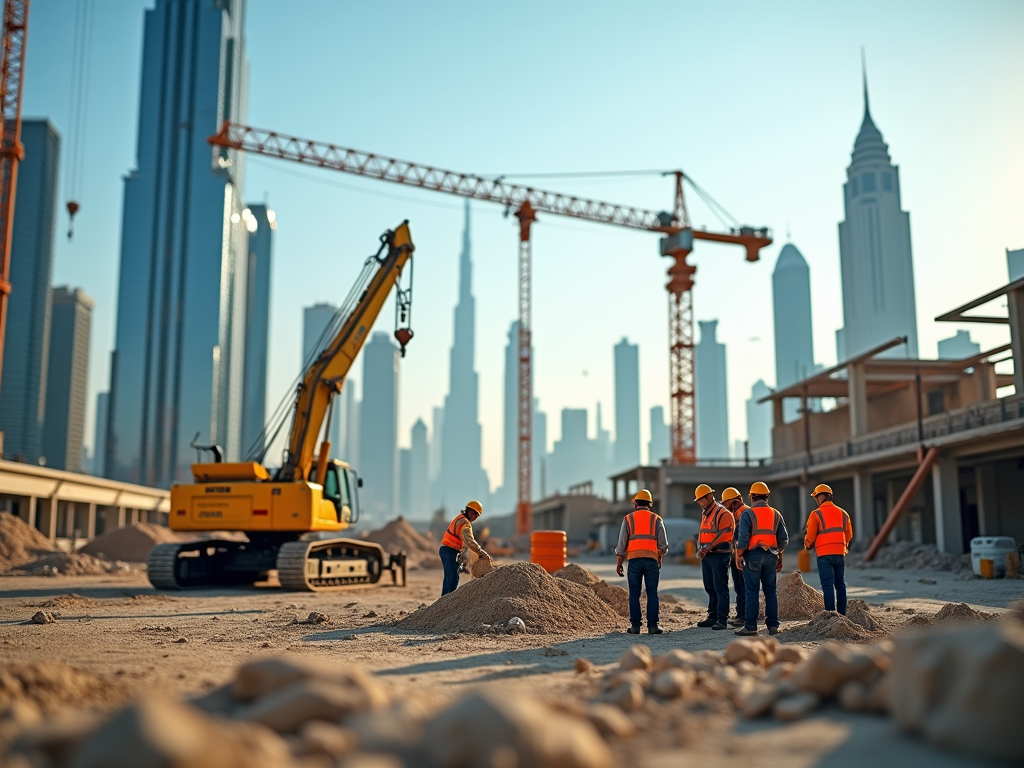 Construction workers and machinery at a building site in an urban area with skyscrapers in the background.