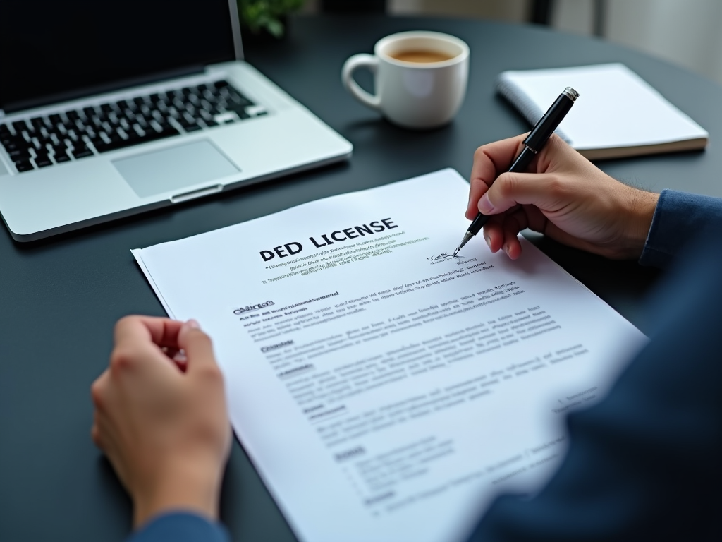 Person signing a "DED License" document on desk with laptop and coffee mug in background.