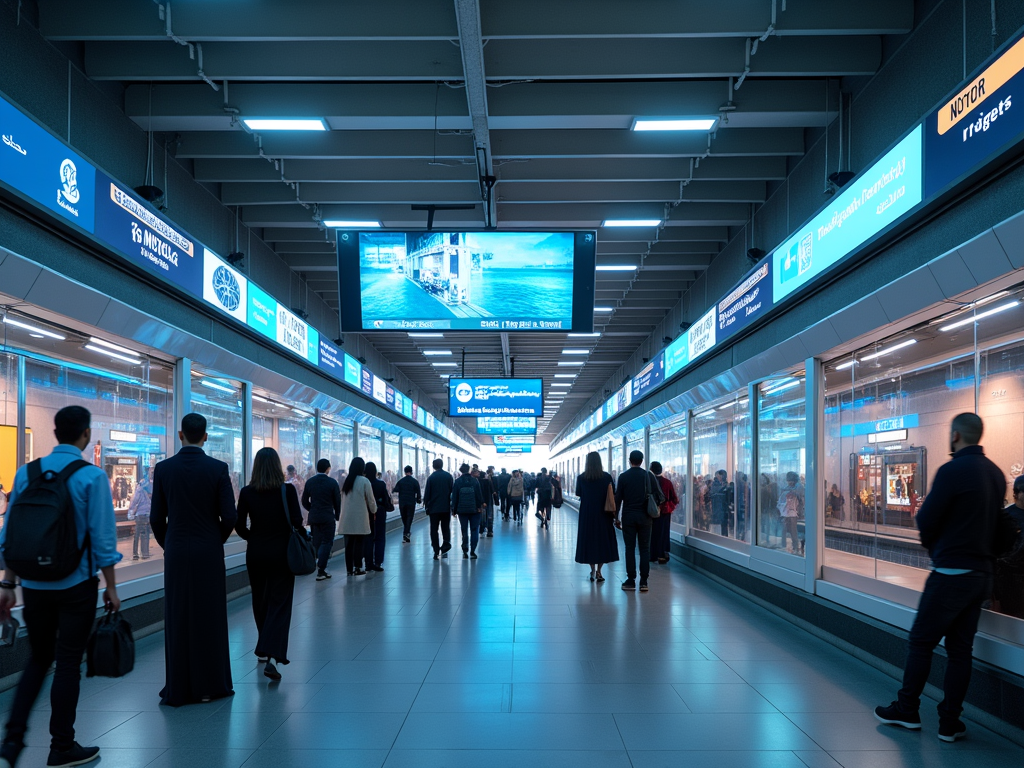 People walking through a modern subway station with digital adverts and blue lighting.