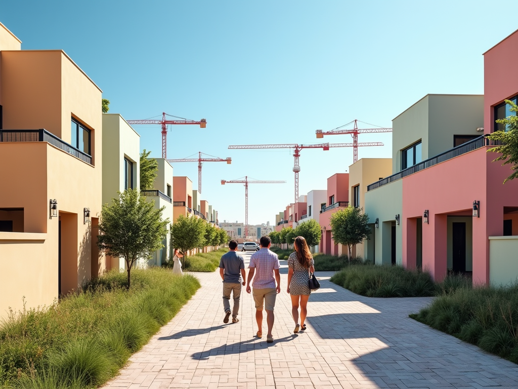 Three people walking down a path between colorful modern townhouses with cranes in the background.