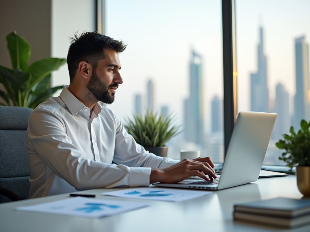 Man working on laptop in office with city skyline in background.