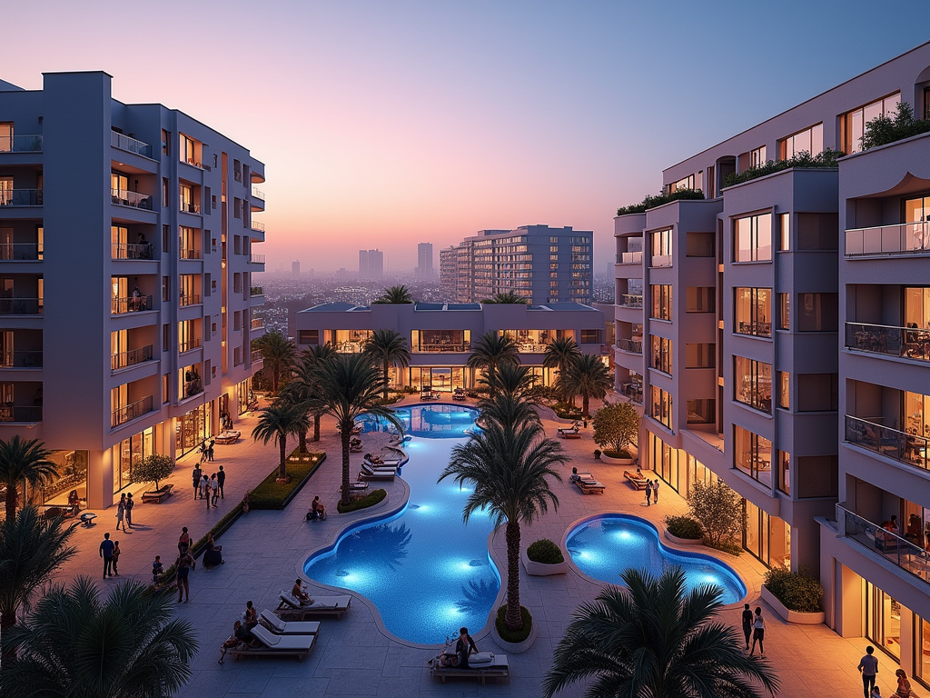 Modern apartment complex with pool, palm trees, and people enjoying the evening.