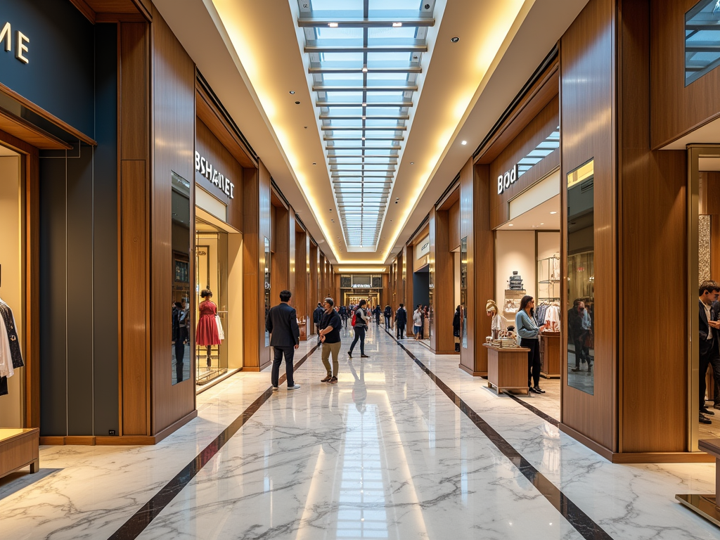 People shopping in a modern mall with high-end stores and bright, elegant interiors.