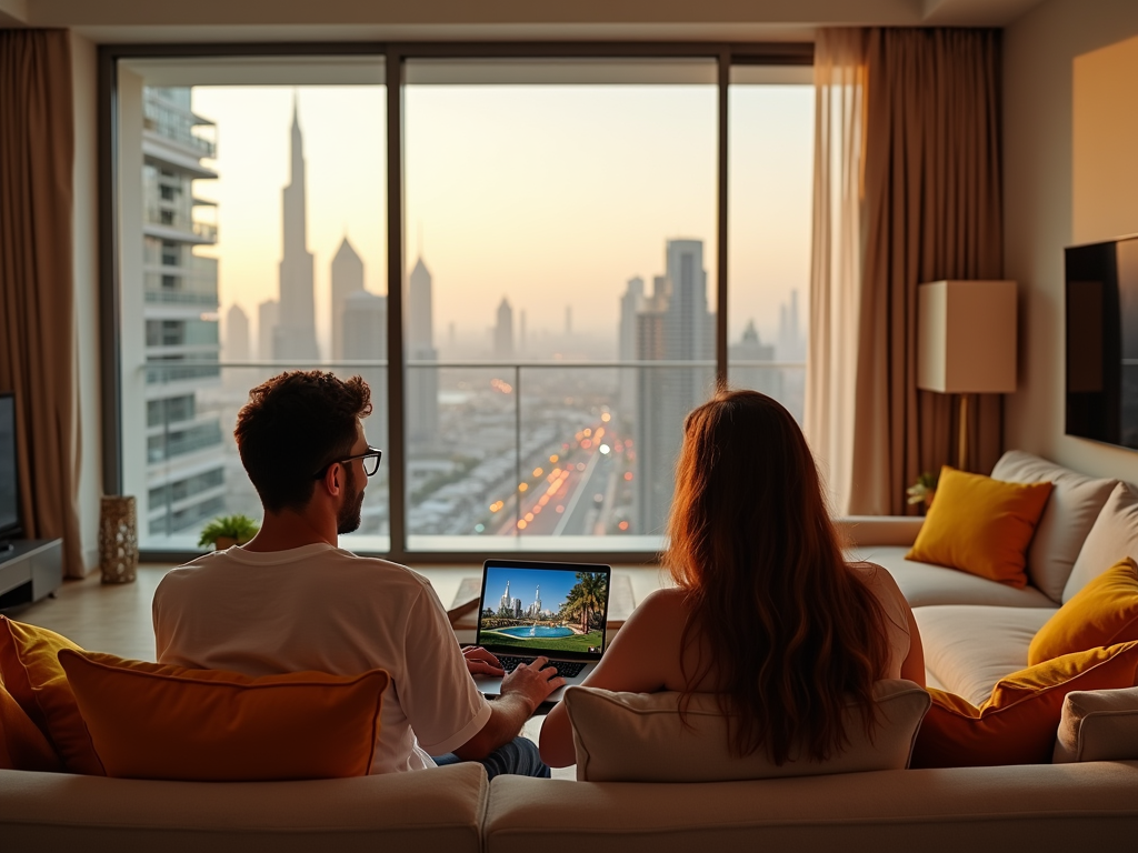 A couple sits on a couch, viewing a laptop, with a sunset cityscape featuring tall buildings in the background.