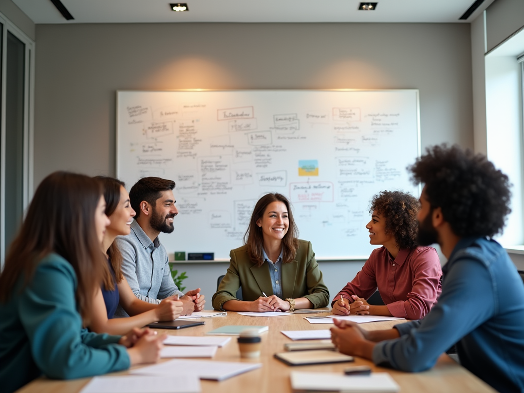 Diverse group of professionals laughing around a table in a meeting room with a whiteboard in the background.