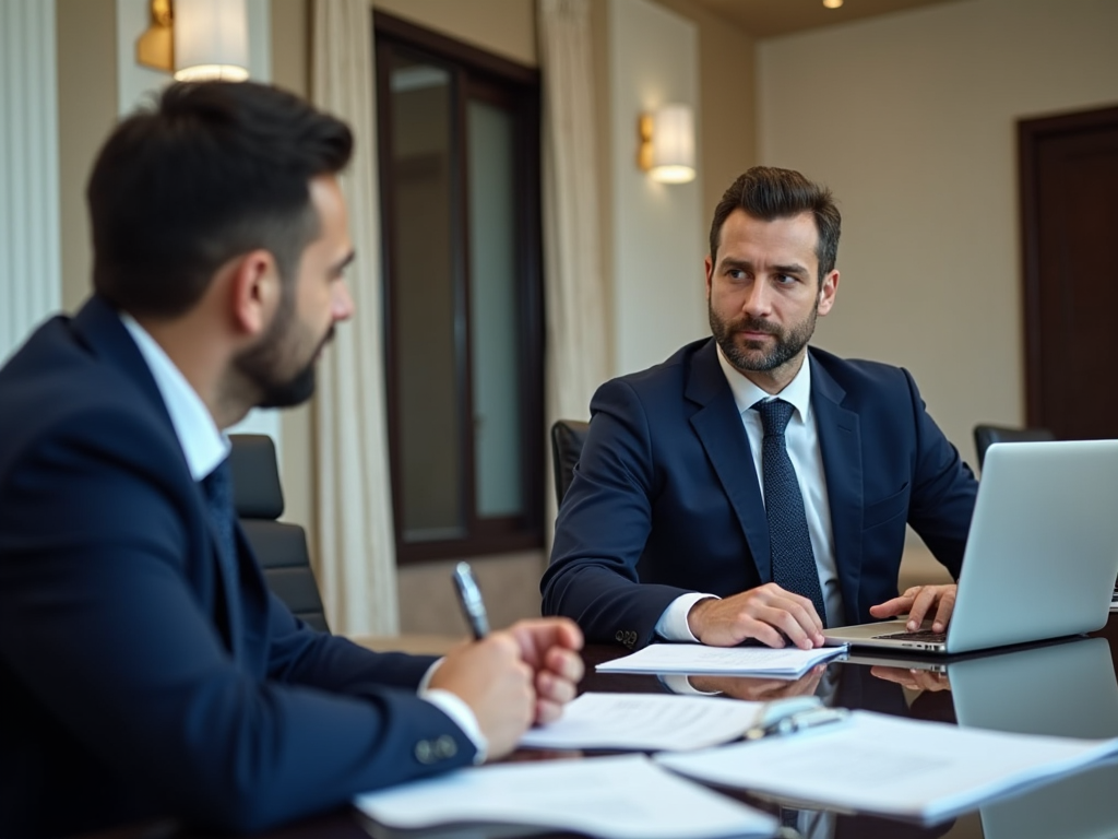 Two businessmen in suits discussing over documents in an elegant office.