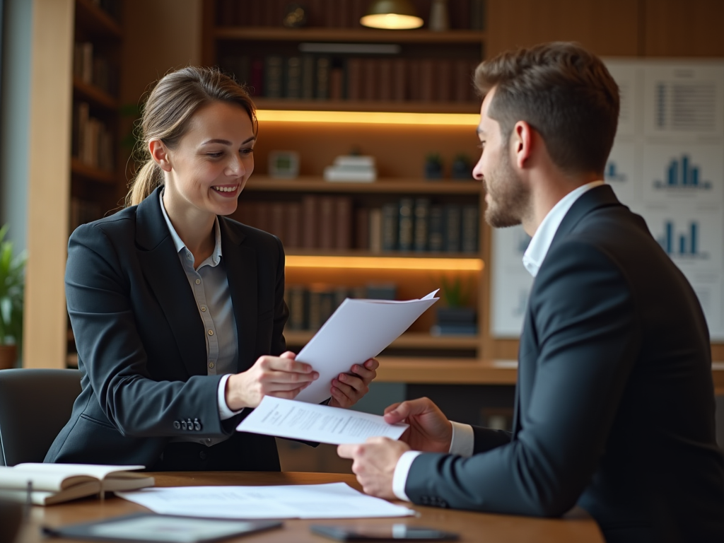 A man and woman in business attire discussing documents in a well-furnished office.