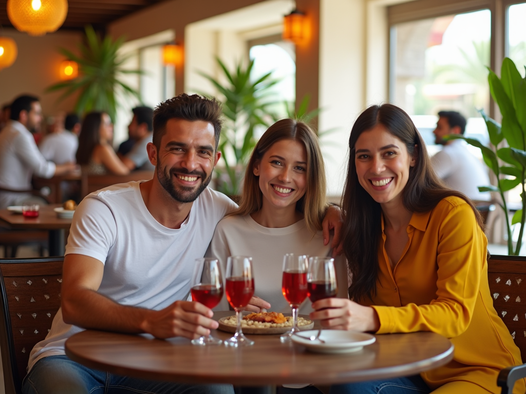 Three friends smiling at a restaurant table with drinks, in a lively indoor setting.