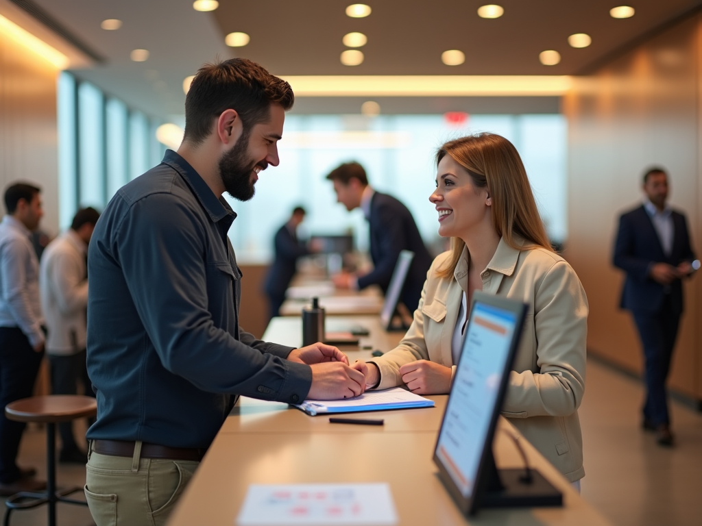 Man and woman interacting at a reception desk in a busy office environment.