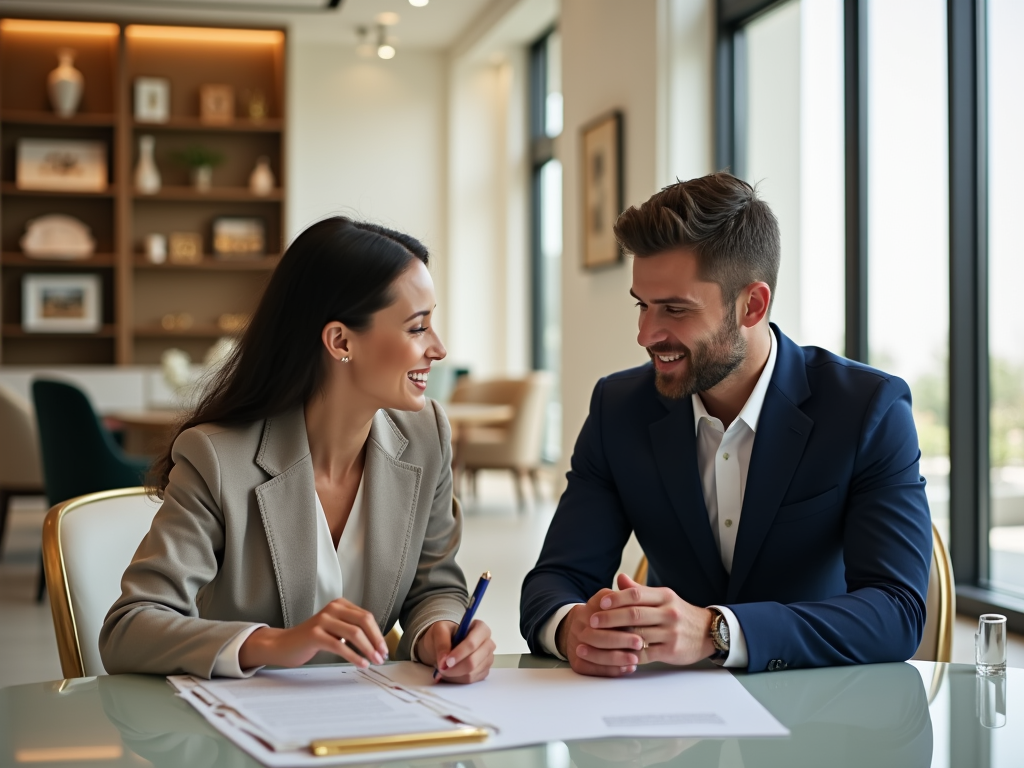 A woman and a man smile at each other while discussing documents at a bright, modern office.