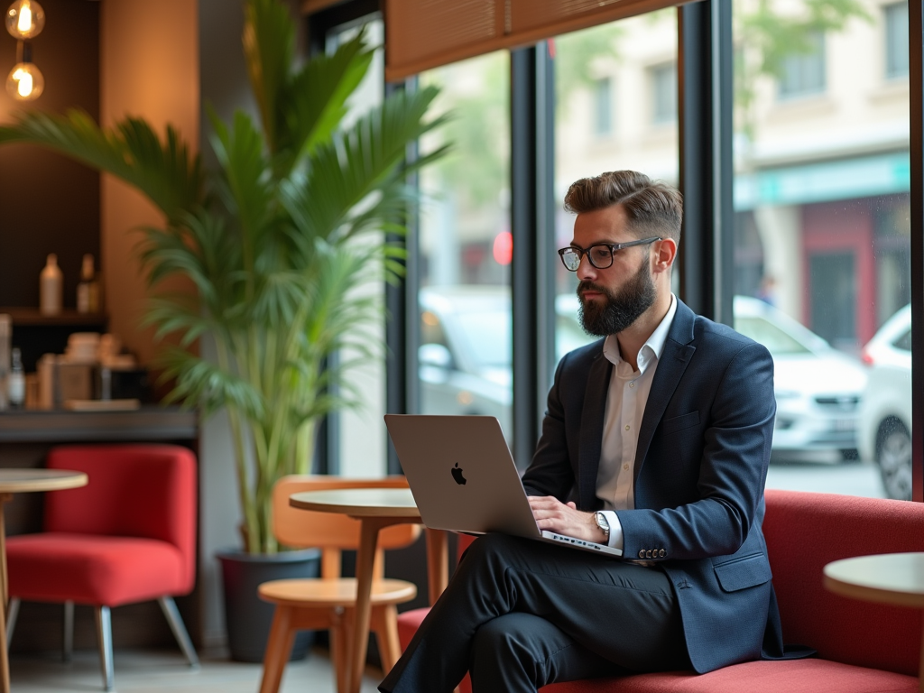 Man in suit working on laptop in cozy café with red chairs and green plants.