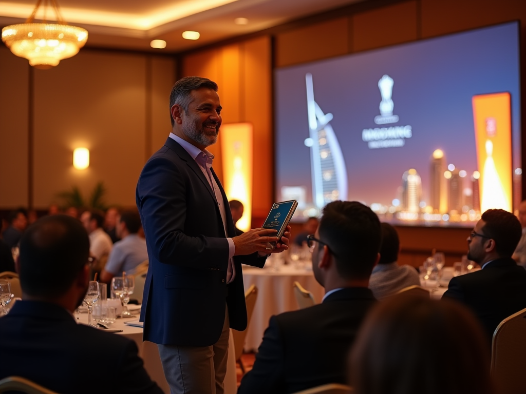 Man presenting at a conference with attendees and a city skyline backdrop on screen.