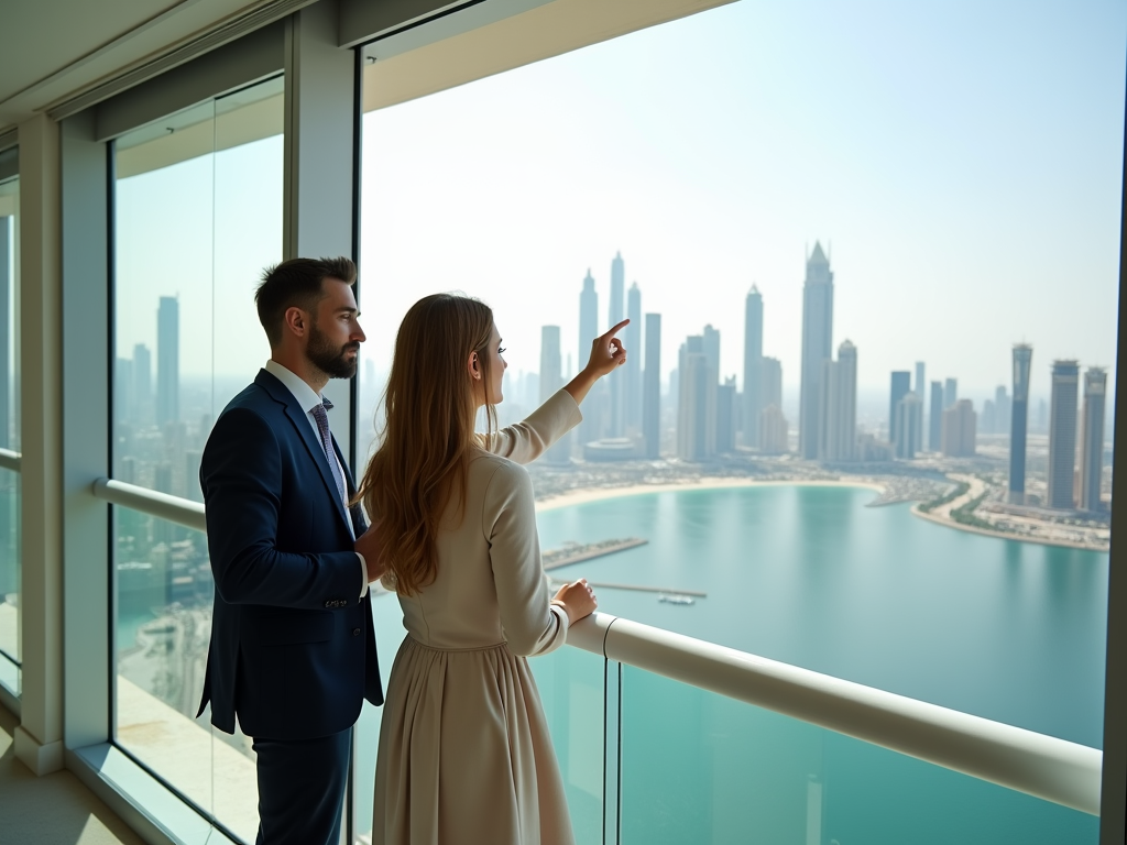 A man and a woman stand by a large window, looking at the city skyline with a body of water below them.