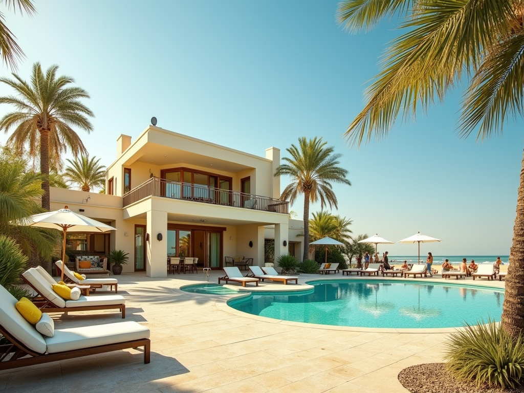 A luxurious villa by the beach features a pool, palm trees, and guests enjoying the serene outdoor space.