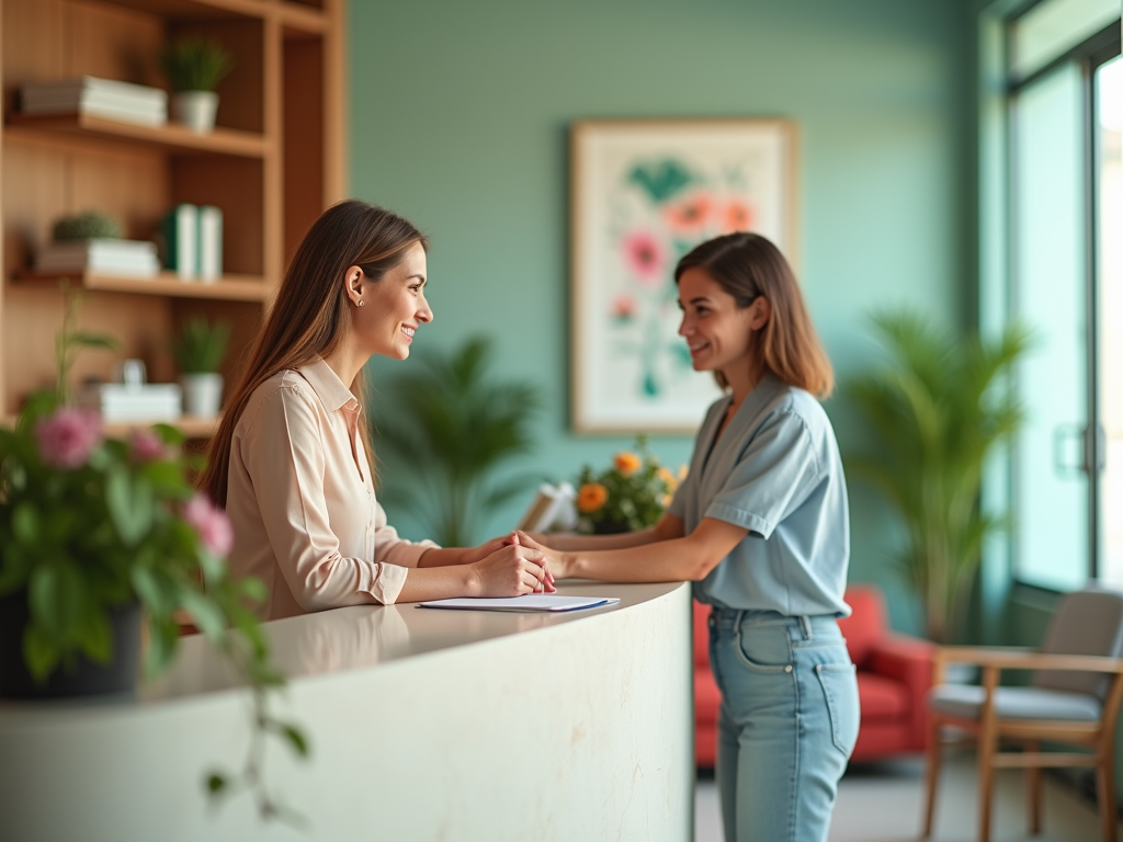 Two women smiling at each other across a reception desk in a stylish office.