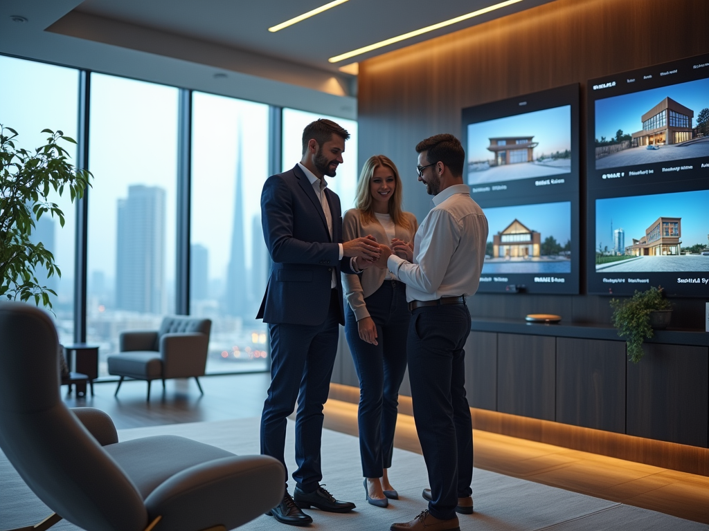 Three business professionals discussing real estate projects in a modern office overlooking a cityscape.