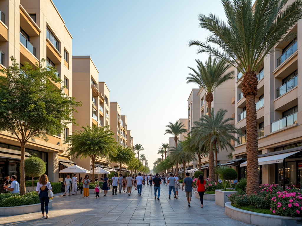 People walking along a sunny street with palm trees and modern buildings.