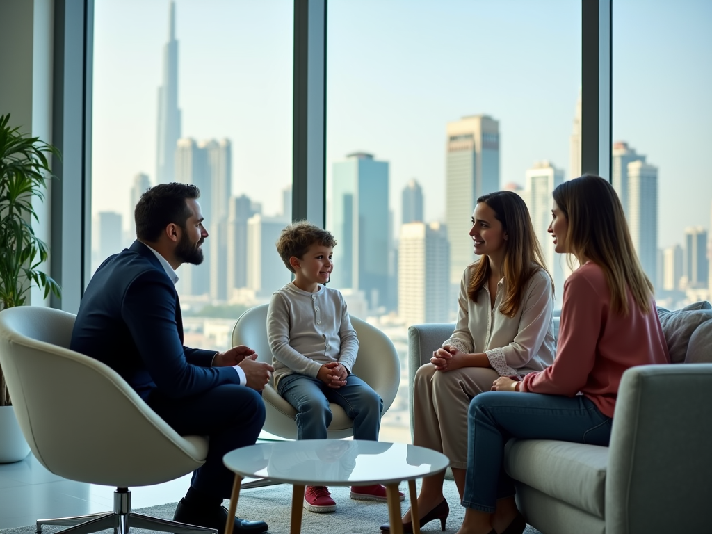 Family talking in a living room with a city skyline view through large windows.