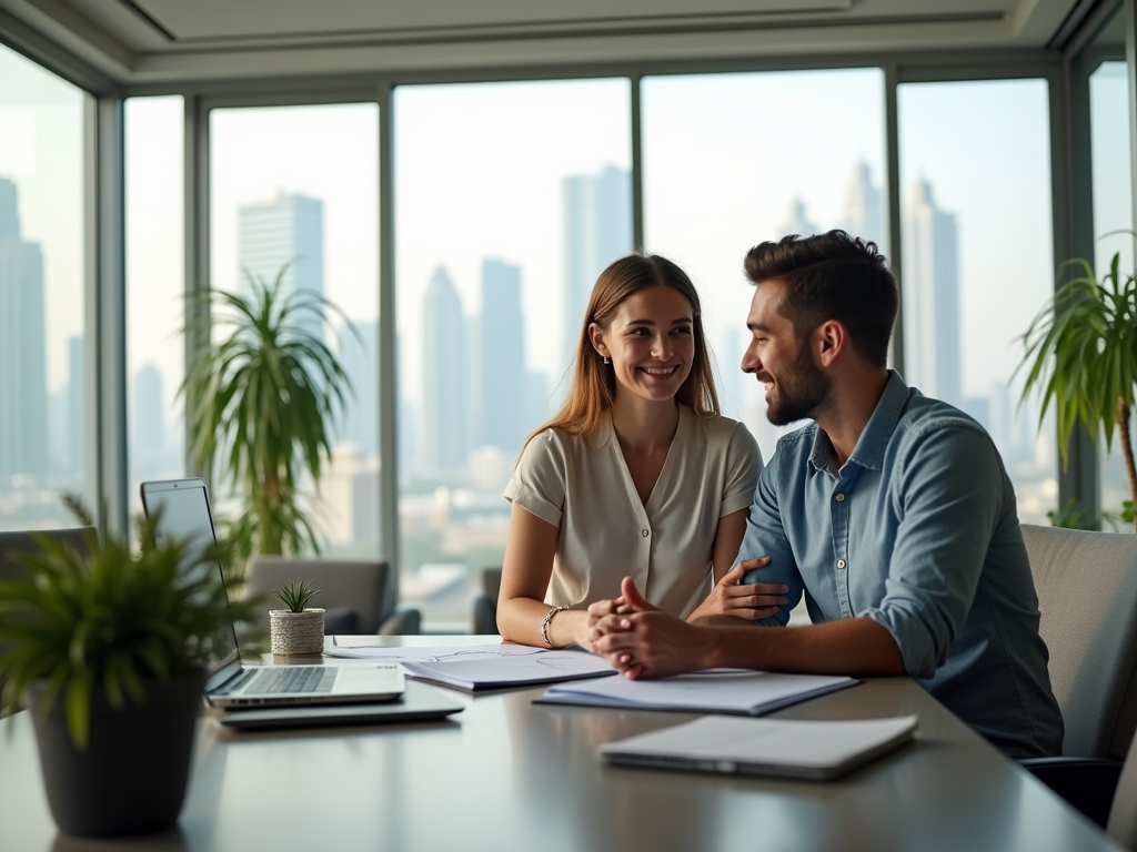 Two professionals engaging in a pleasant conversation in a modern office with cityscape views.