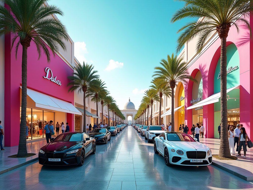 Palm tree-lined street with luxury cars in front of colorful, arch-designed shopping mall.