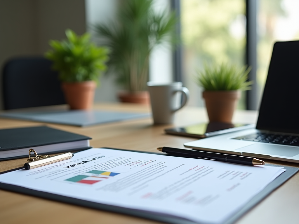 Modern office desk with focused view on report, pen, laptop, and potted plants with soft background.