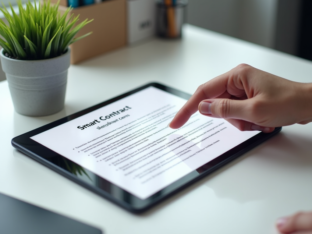 A person's finger pointing at a "Smart Contract" document on a tablet, with a small potted plant in the background.