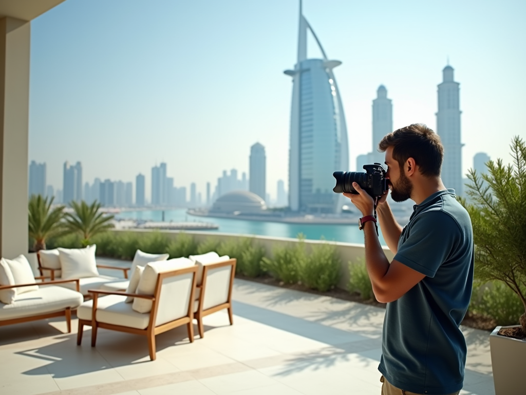 A man in a blue shirt takes photos with a camera, overlooking a city skyline by the water.