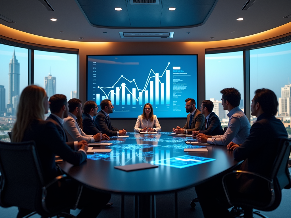 A diverse group of business professionals in a conference room discussing data represented on a large screen.