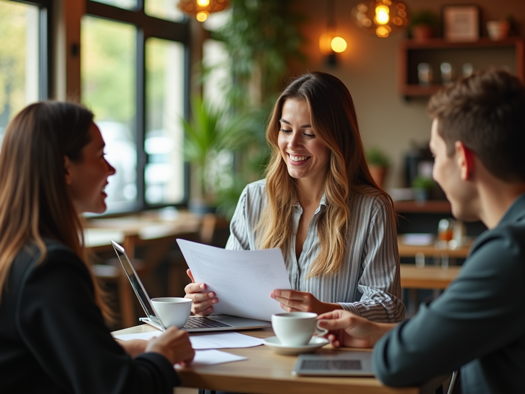 Two women and one man discussing a document over coffee in a cozy cafe setting.