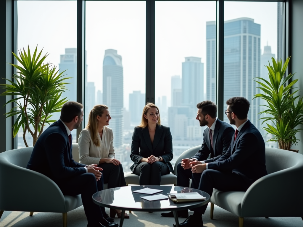 A group of five professionals in business attire converse in a modern office with cityscape views.