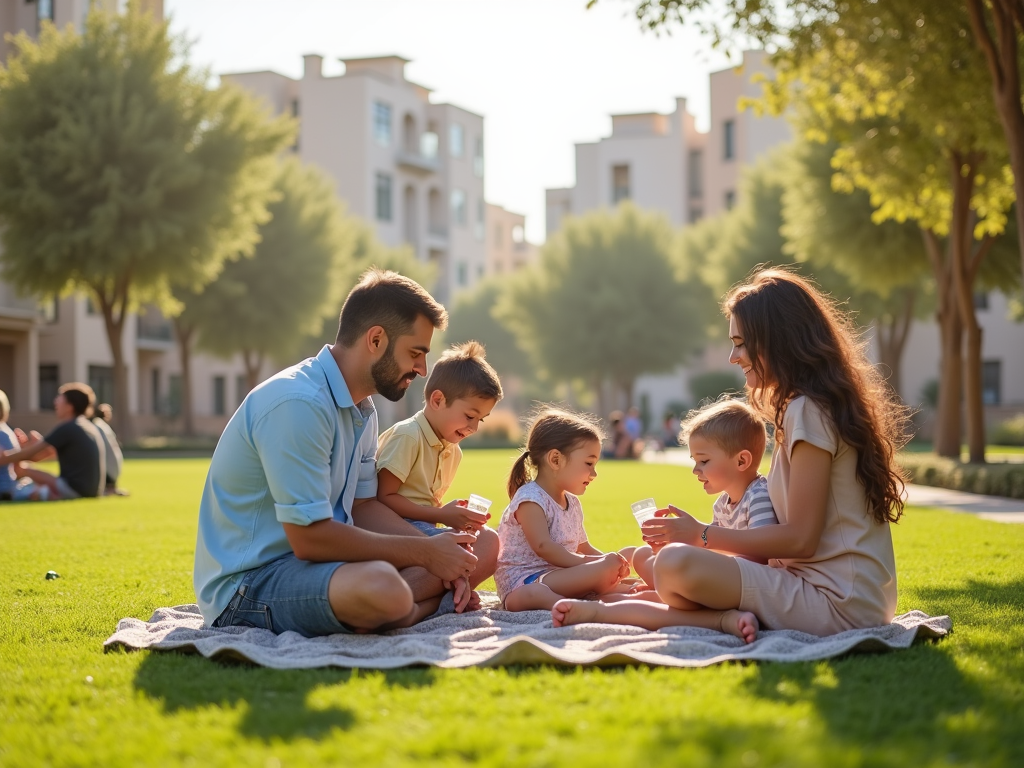 A family enjoys a sunny picnic in a park, playing and sharing snacks on a blanket with three young children.