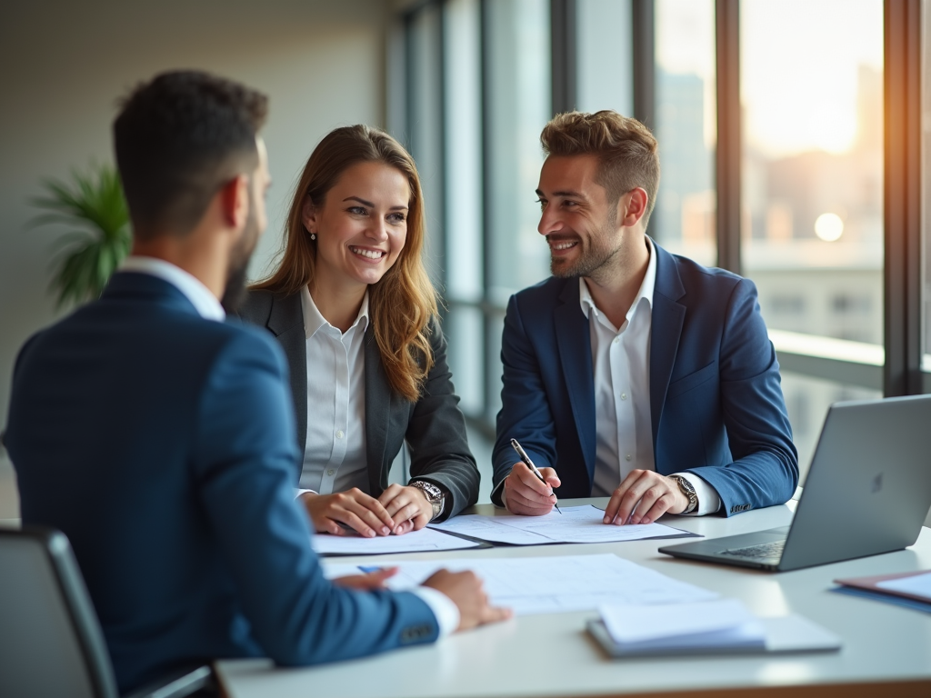 Three professionals in a meeting room smiling and discussing over documents.