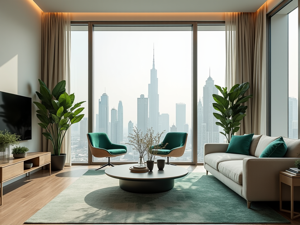 A modern living room with green chairs, a coffee table, plants, and a panoramic view of skyscrapers through large windows.